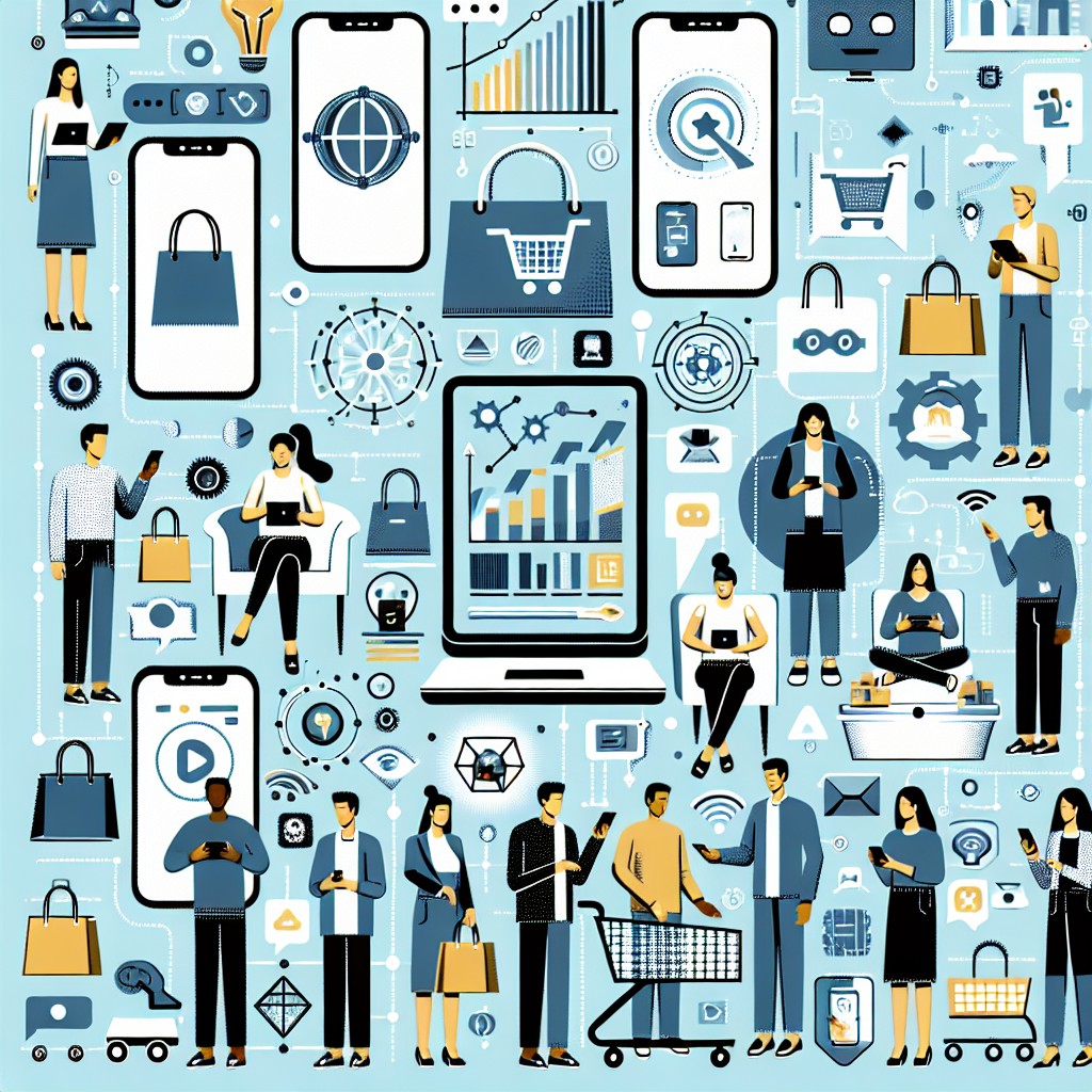 Image de couverture représentant la transformation digitale dans le secteur du retail, avec des illustrations de technologie et d'interactions client.