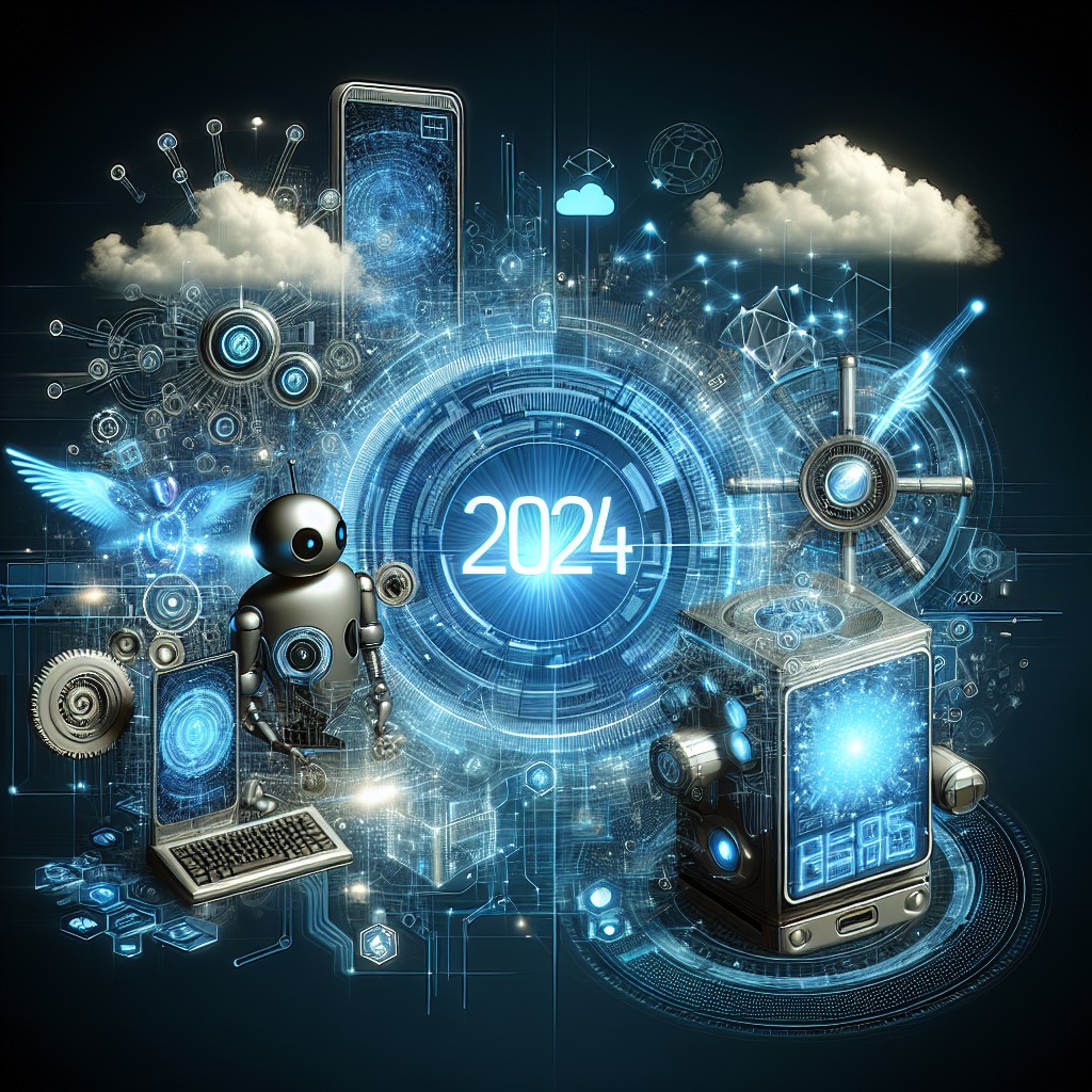 Image de couverture représentant des technologies modernes telles que l'intelligence artificielle et le cloud computing, symbolisant la transformation digitale pour l'année 2024.