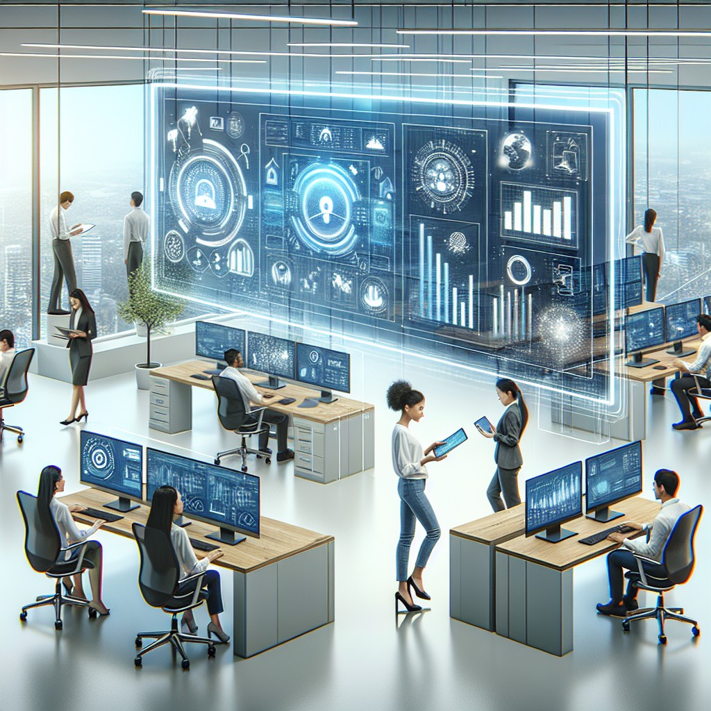 Image illustrant la digitalisation dans un bureau moderne avec technologies innovantes