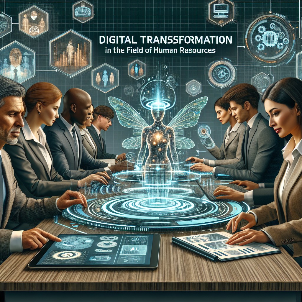 Image de couverture illustrant la transformation digitale dans les ressources humaines, avec des éléments technologiques et des professionnels en interaction.