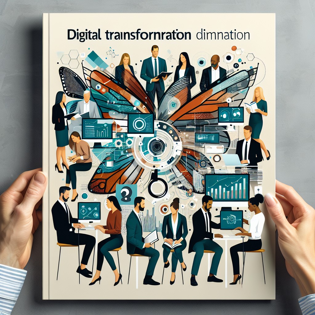 Image de couverture représentant la transformation digitale dans une entreprise avec des éléments comme des ordinateurs, des graphiques de données, et des équipes de travail collaborant.