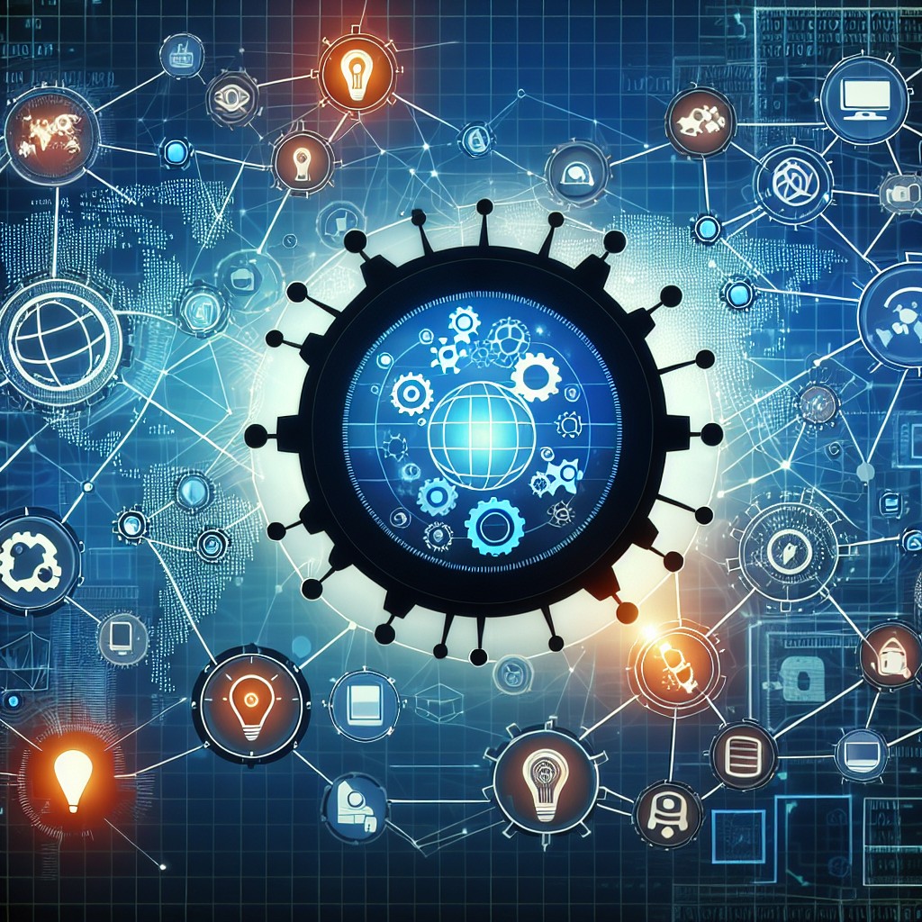 Illustration montrant un réseau de connexions numériques avec des icônes technologiques.