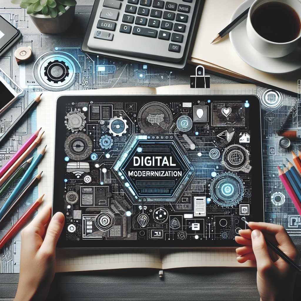 Image de couverture montrant un graphisme de modernisation numérique avec des éléments technologiques comme des diagrammes et des appareils numériques.