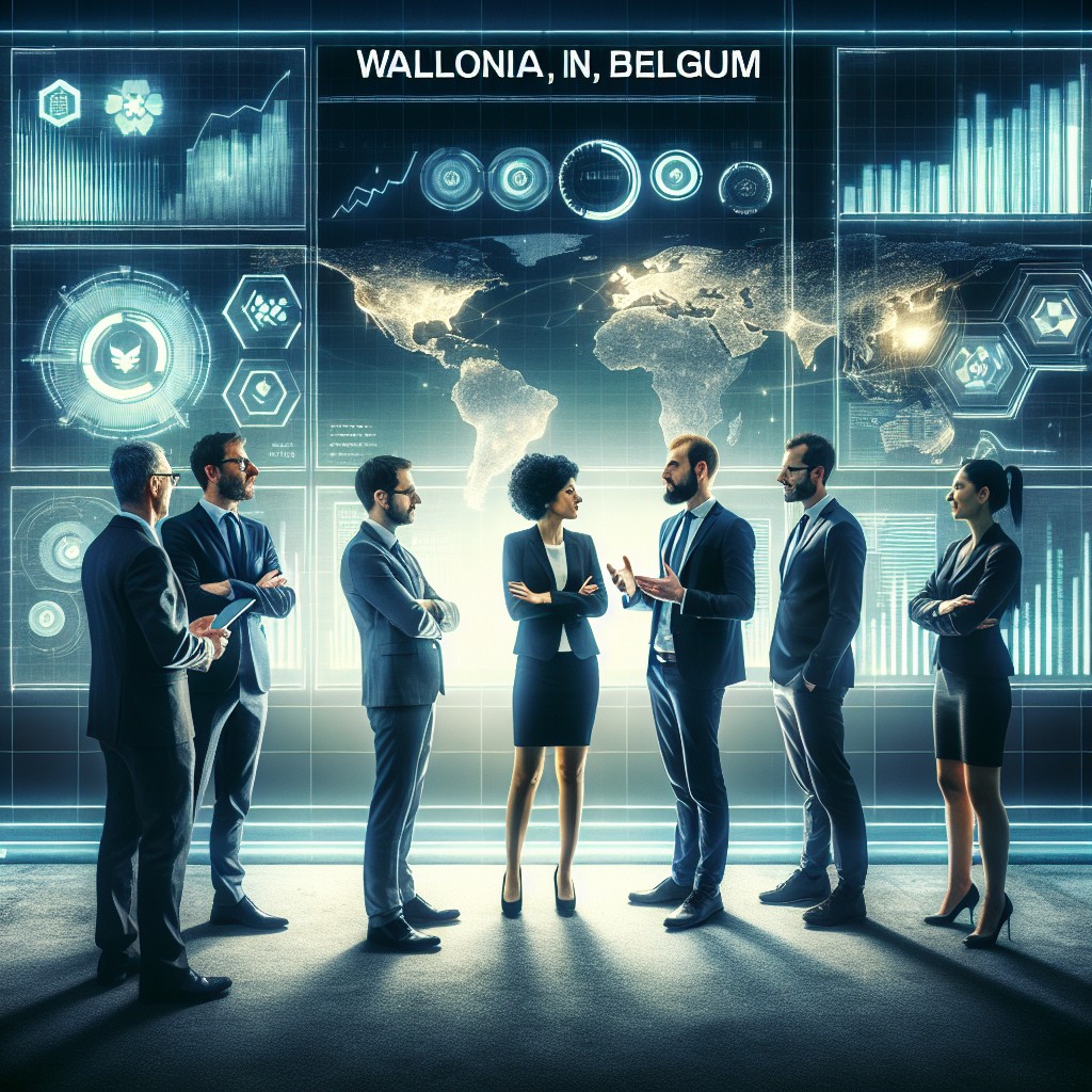 Une image capturant l'essence de la transformation numérique en Wallonie, avec des entrepreneurs en discussion devant un tableau de bord numérique.