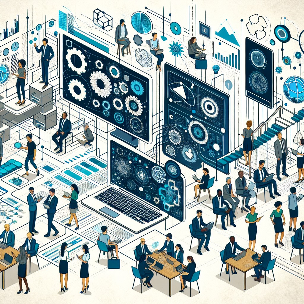 Une illustration montrant des entreprises intégrant des technologies numériques avec des graphiques, des ordinateurs et des équipes collaborant.