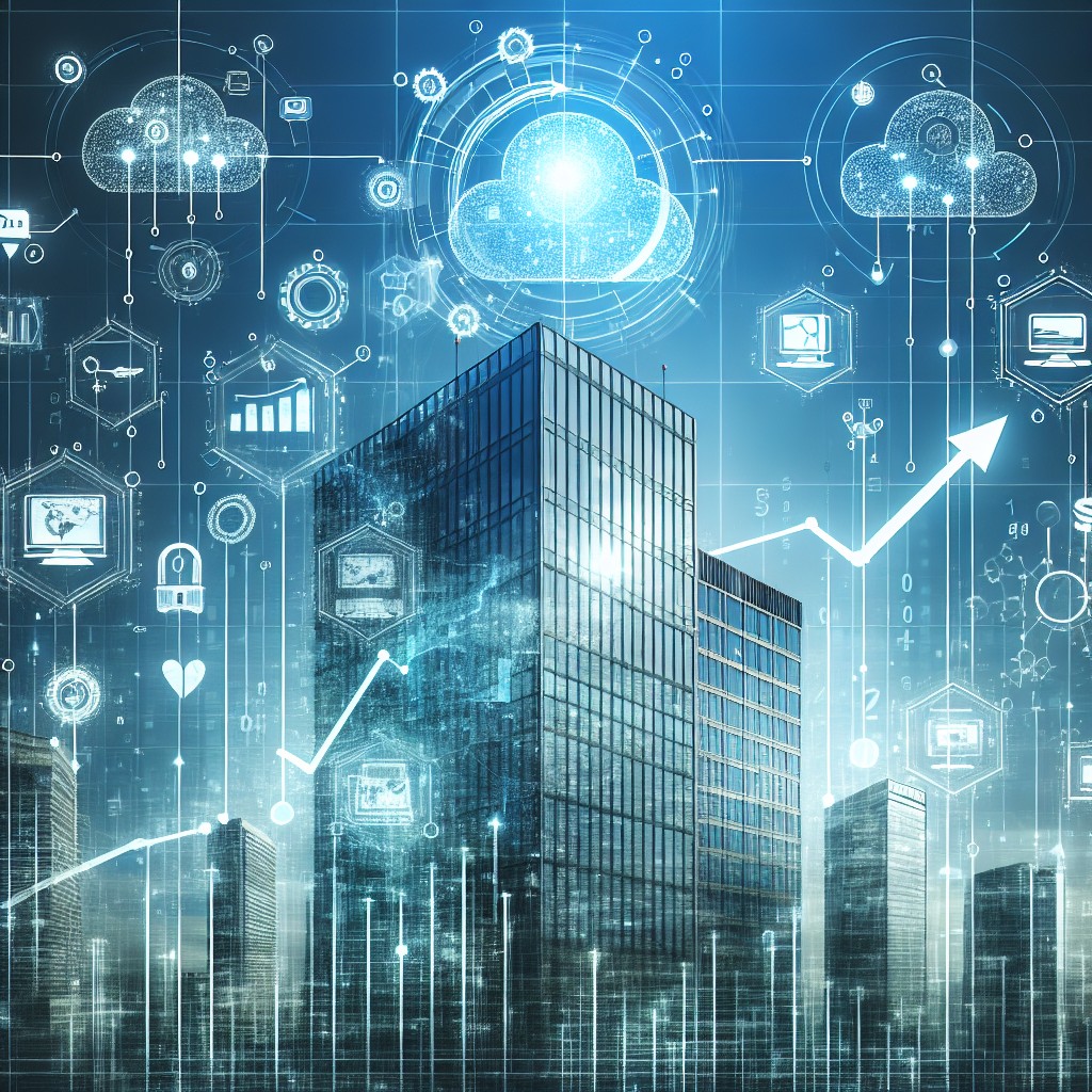 Illustration représentant la digitalisation des entreprises avec icônes technologiques et graphiques de croissance.