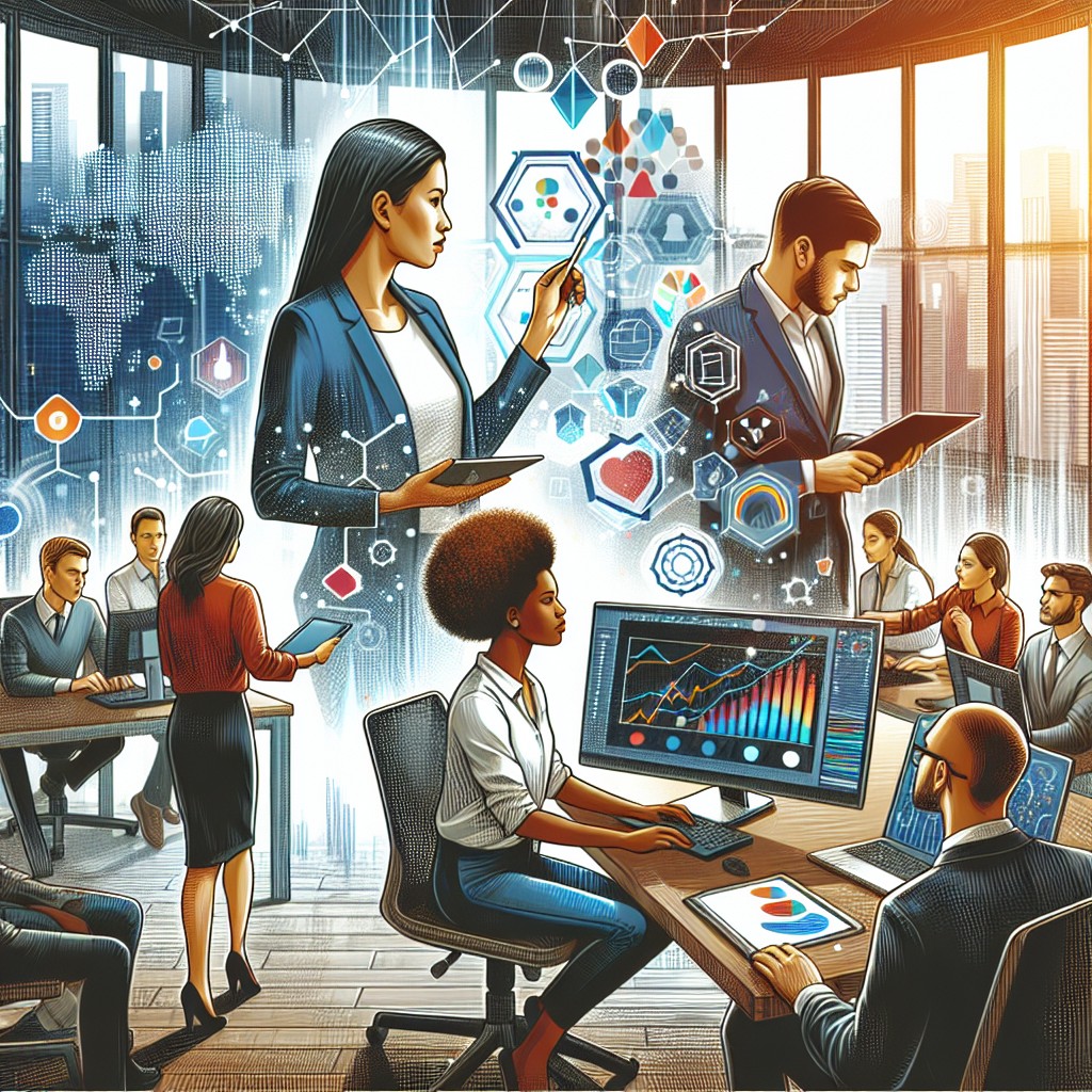 Image de couverture montrant des concepts de transformation digitale en entreprise, incluant des éléments comme des ordinateurs, des graphiques et des équipes collaborant.