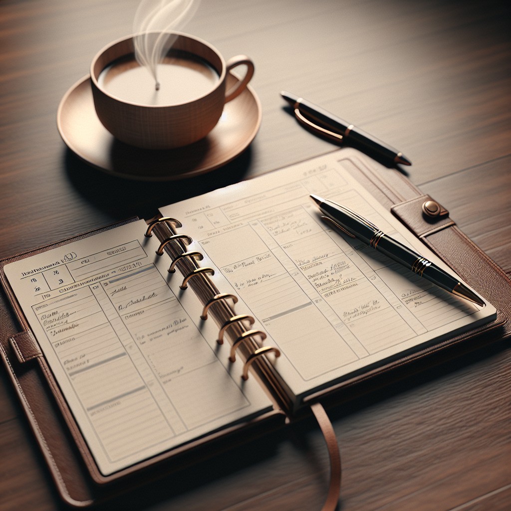 Une photo inspirante d'un planner ouvert sur un bureau avec une tasse de café et un stylo, symbolisant la productivité et la planification.