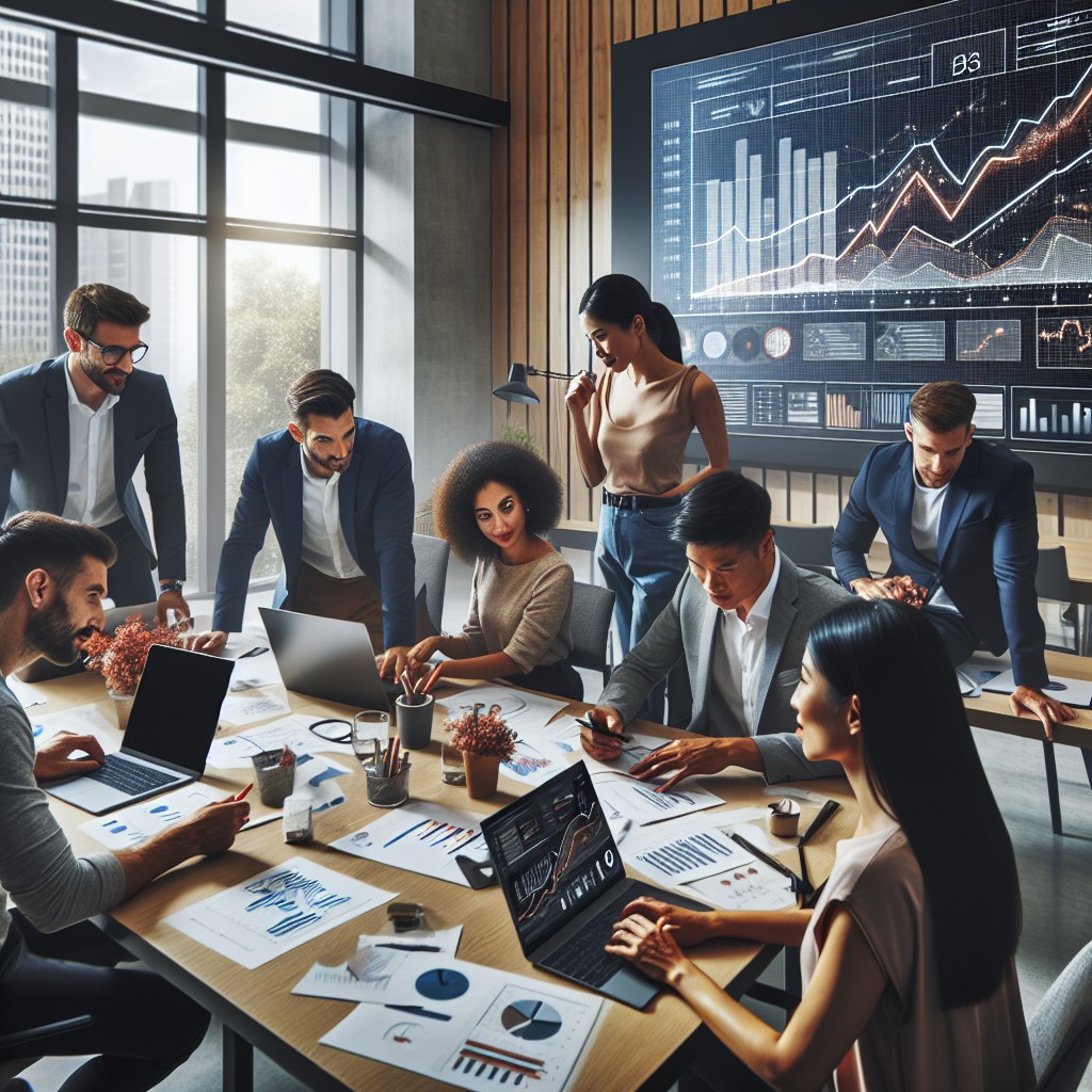 Business professionals collaborating on a digital marketing strategy at an office, symbolizing team effort and online growth.