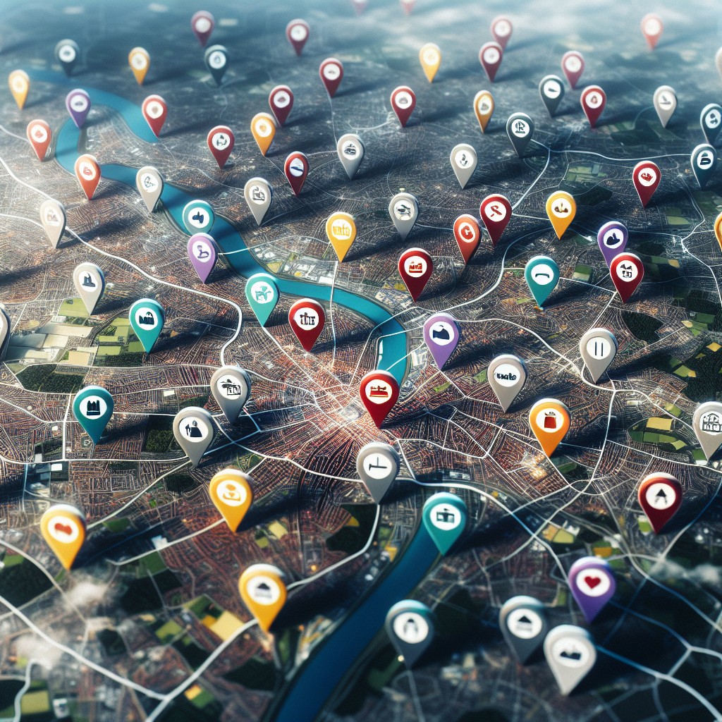 Vue aérienne de la Belgique avec des marqueurs indiquant des emplacements d'entreprises locales.