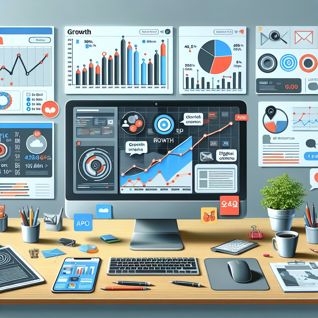 Illustration d'outils de marketing automation avec des graphes de croissance, des emails et des interactions numériques.