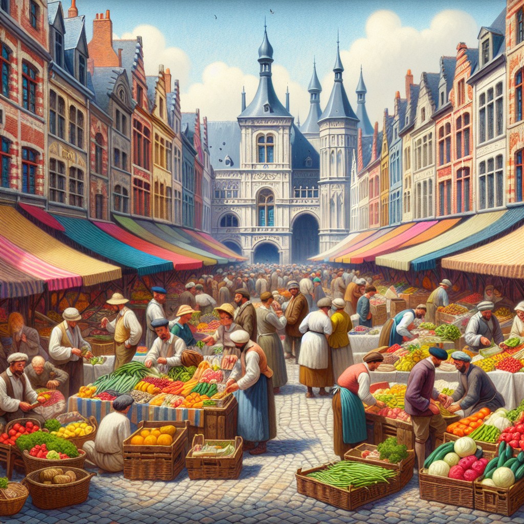 Vue animée du Marché de Namur avec des étals colorés et des produits frais.