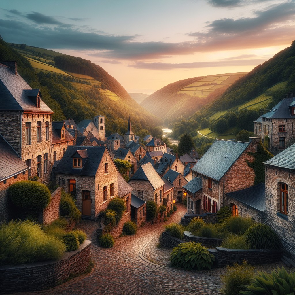 Paysage pittoresque d'un village Wallon avec maisons en pierre et collines verdoyantes au coucher du soleil.