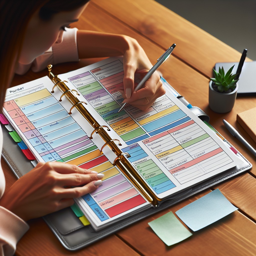 Personne utilisant un planner avec des sections colorées et des objectifs bien définis, représentant l'organisation et la gestion du temps.