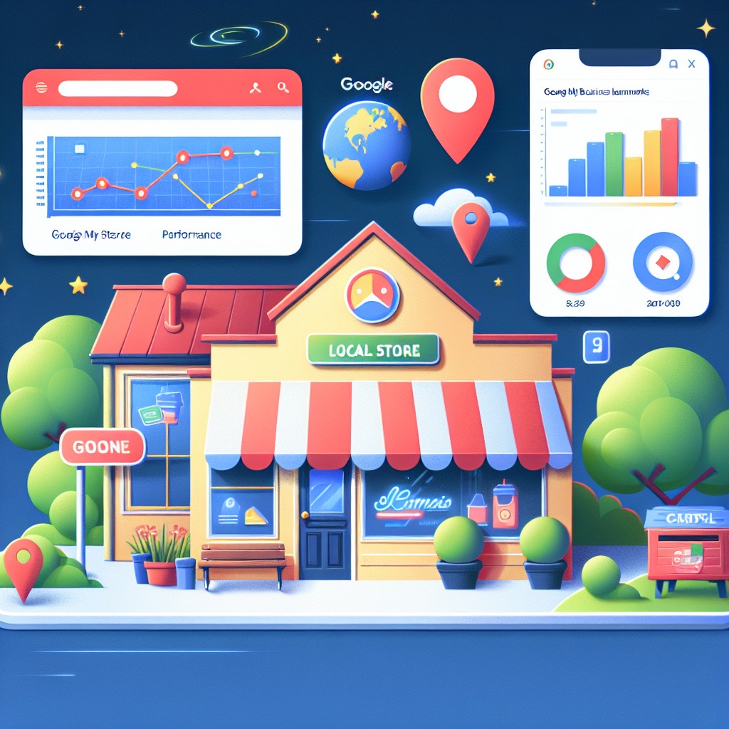 Image de couverture représentant un magasin local avec des repères Google My Business et des graphiques de performance en arrière-plan