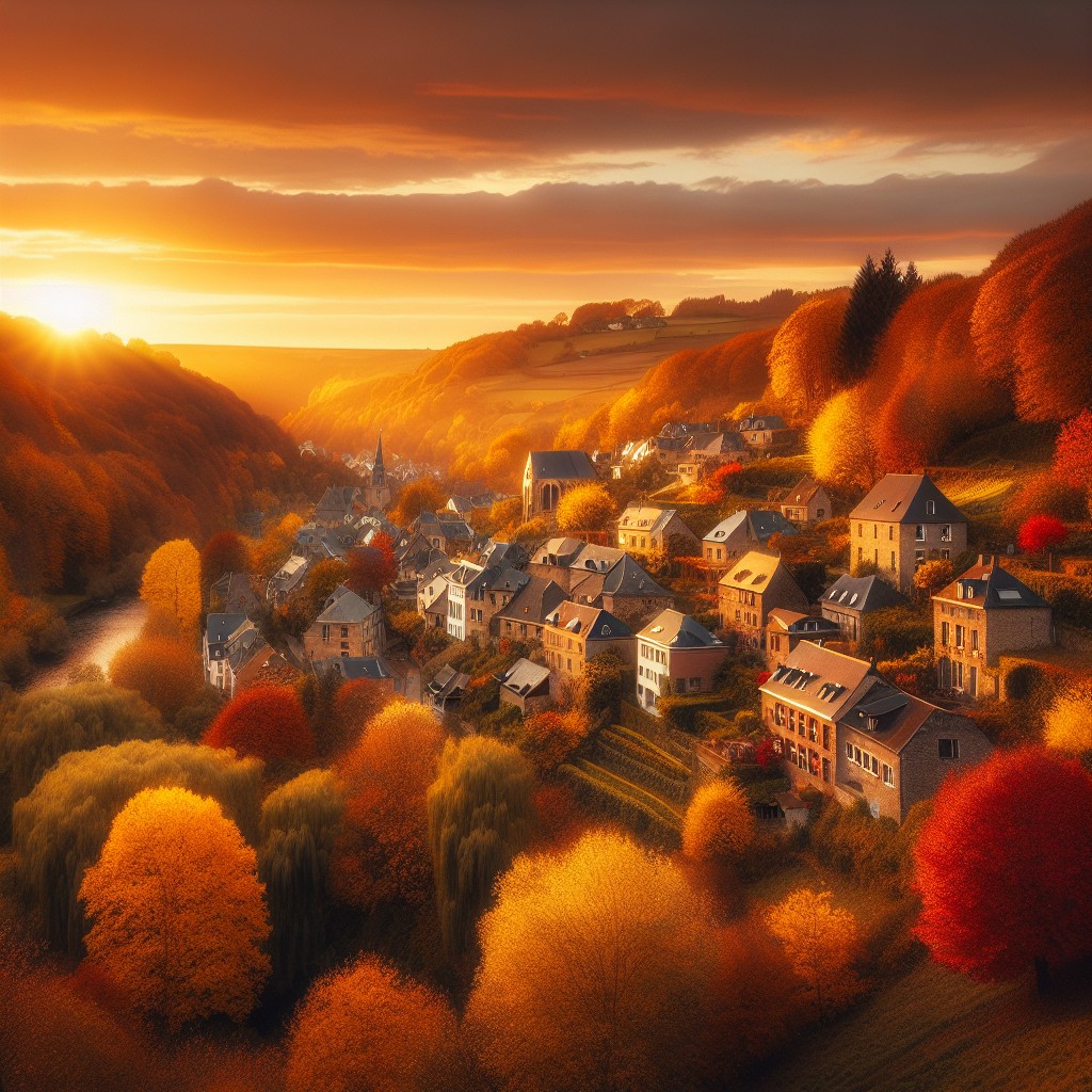 Coucher de soleil doré sur un paysage vallonné de la Wallonie en automne, avec arbres aux couleurs vives et villages pittoresques.