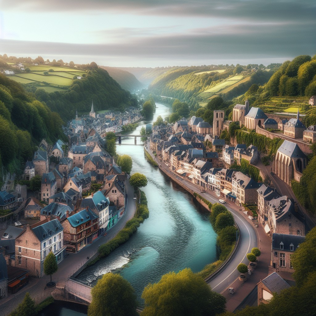 Vue panoramique d'une ville médiévale en Wallonie avec collines verdoyantes et une rivière sinueuse