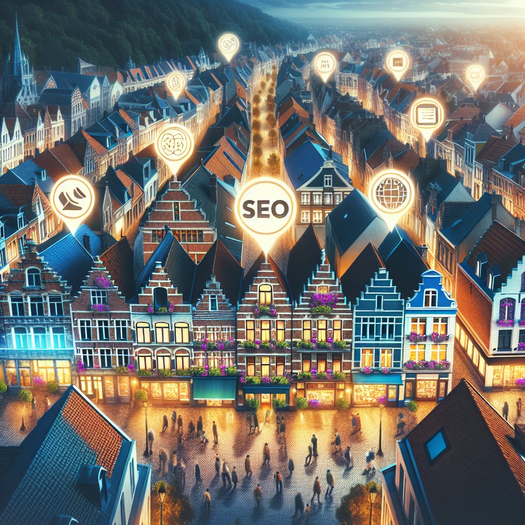 Une vue aérienne éblouissante de petites entreprises locales belges prospérant grâce au SEO.