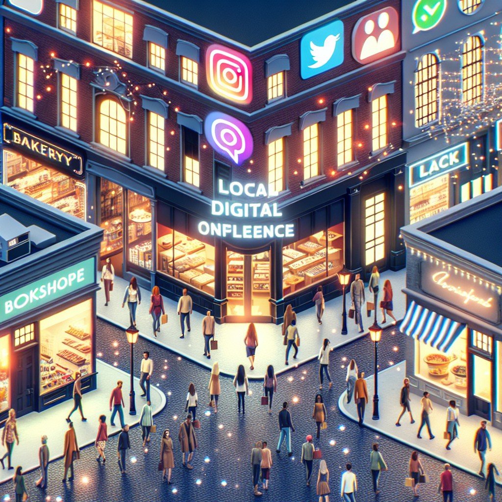 Une image représentant un quartier animé avec des magasins et des entreprises locales, symbole de la présence digitale locale.