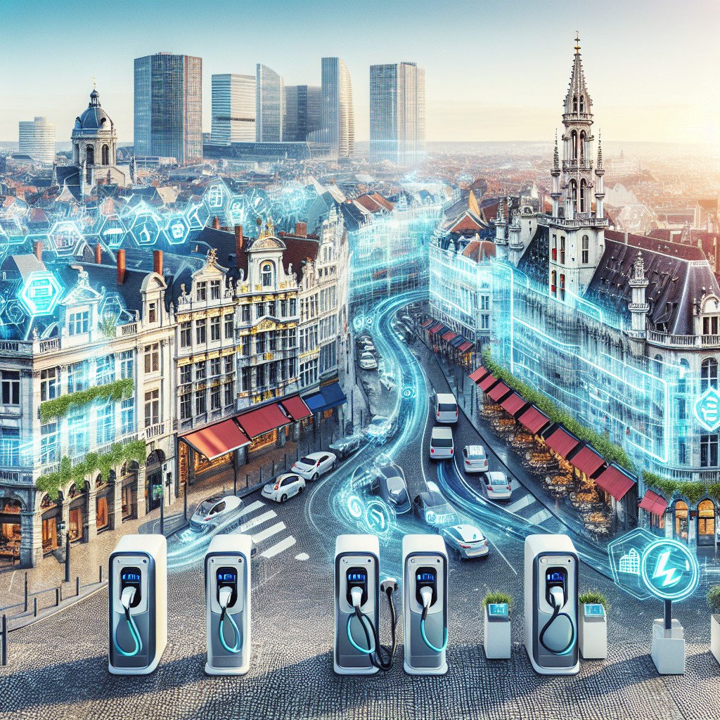 Vue panoramique de Bruxelles avec des éléments de technologie intégrée, comme des affichages numériques et des bornes de recharge électriques.