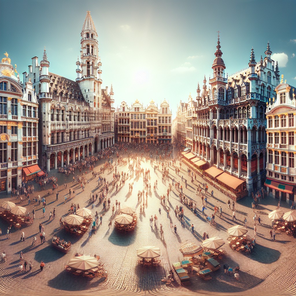 Vue virtuelle panoramique de la Grand Place de Bruxelles, montrant ses bâtiments historiques et ses détails architecturaux emblématiques sous un ciel ensoleillé.