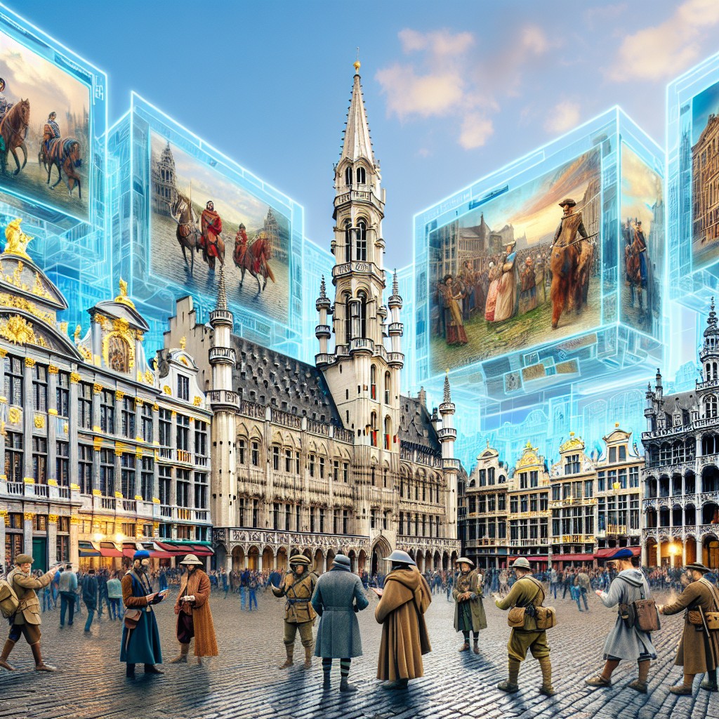 Vue pittoresque de la Grande Place à Bruxelles avec des hologrammes AR superposés, représentant différentes époques historiques.