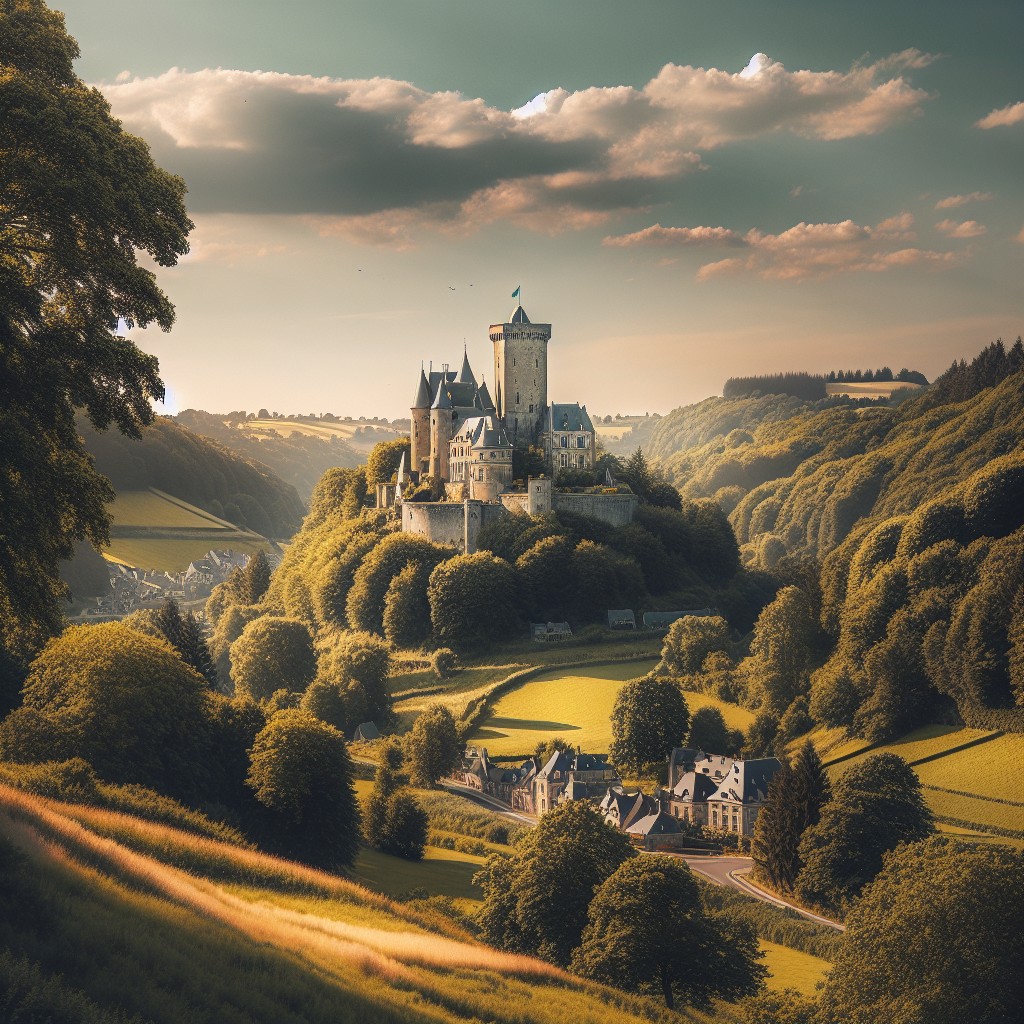 Une vue pittoresque des collines verdoyantes de la Wallonie avec un château historique en arrière-plan par une journée ensoleillée d'été.