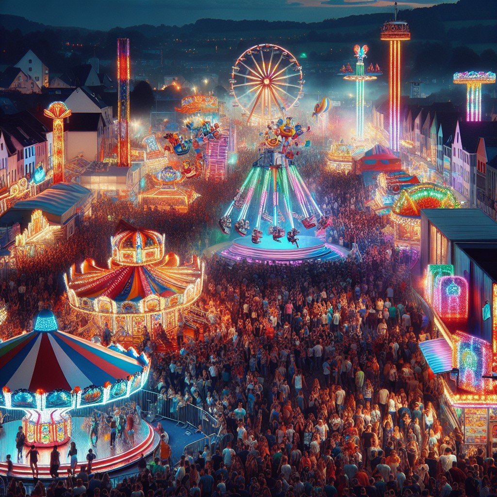 Vue animée d'une fête foraine en Wallonie avec des manèges colorés et des visiteurs joyeux.