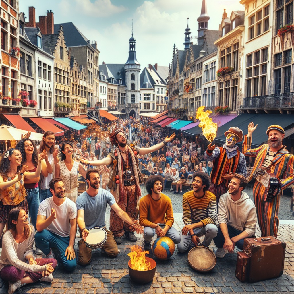 Vue captivante de la Wallonie en fête, avec des artistes de rue animant les rues.