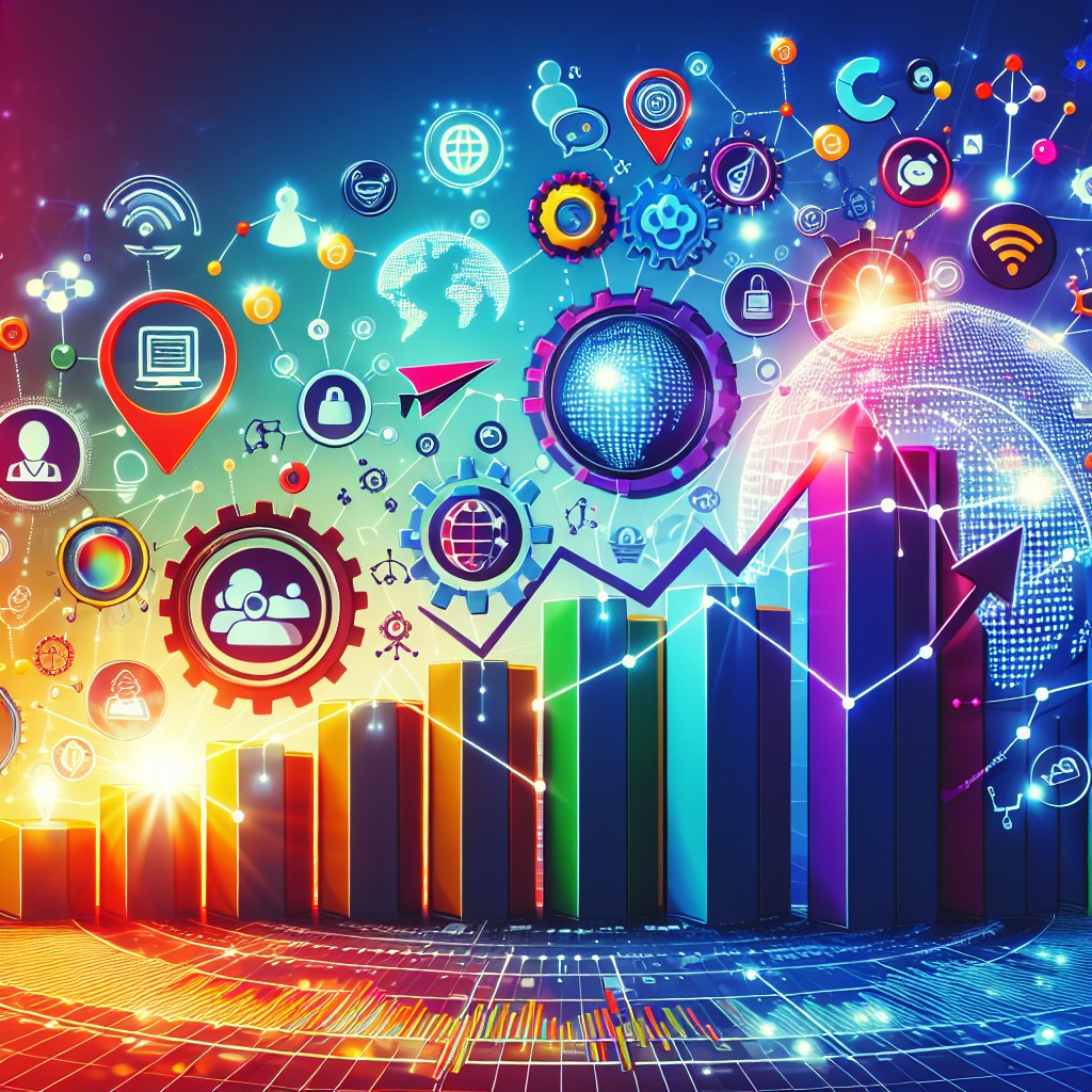 Graphique vibrant démontrant la croissance digitale des PME avec des icônes de technologies web et sociales