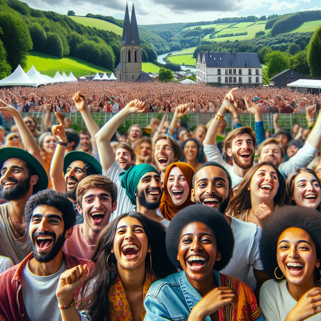 Vue animée d'une foule joyeuse à un événement en plein air en Wallonie, entourée de paysages verdoyants.