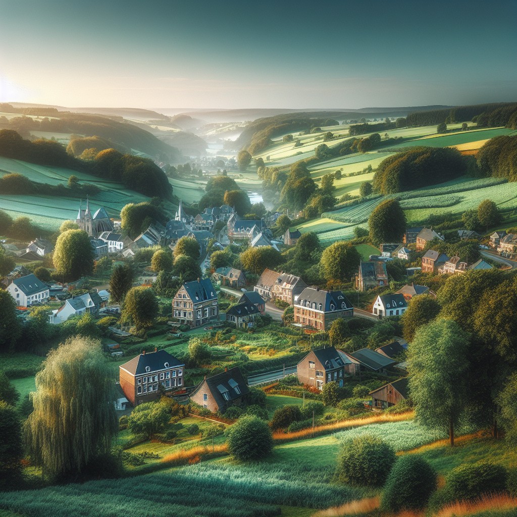 Vue panoramique d'un village pittoresque en Wallonie, entouré de paysages verdoyants et serins