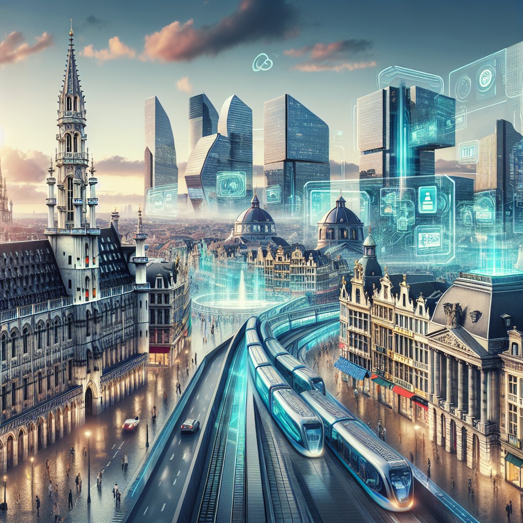 Vue futuriste de Bruxelles avec des innovations technologiques émergeant parmi les monuments historiques, symbolisant sa transformation digitale.