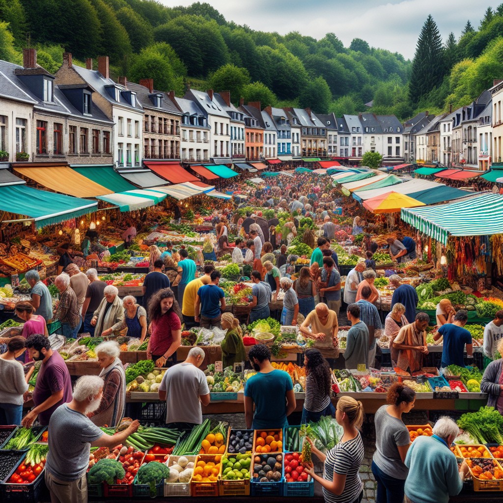 Vue pittoresque d'un marché local en Wallonie avec des étals colorés de produits frais.