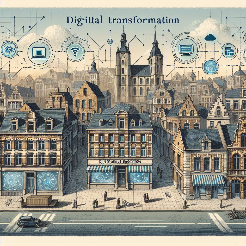 Une représentation graphique de la transformation digitale dans le contexte wallon, illustrant des entreprises en mutation vers le numérique.