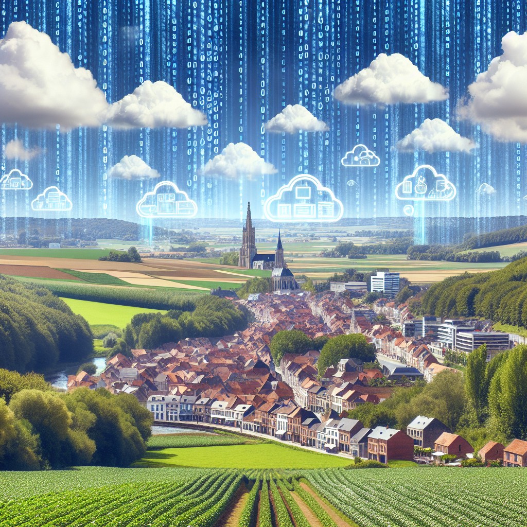 Paysage de la Wallonie illustrant la transition numérique, avec des symboles de technologies digitales superposés.