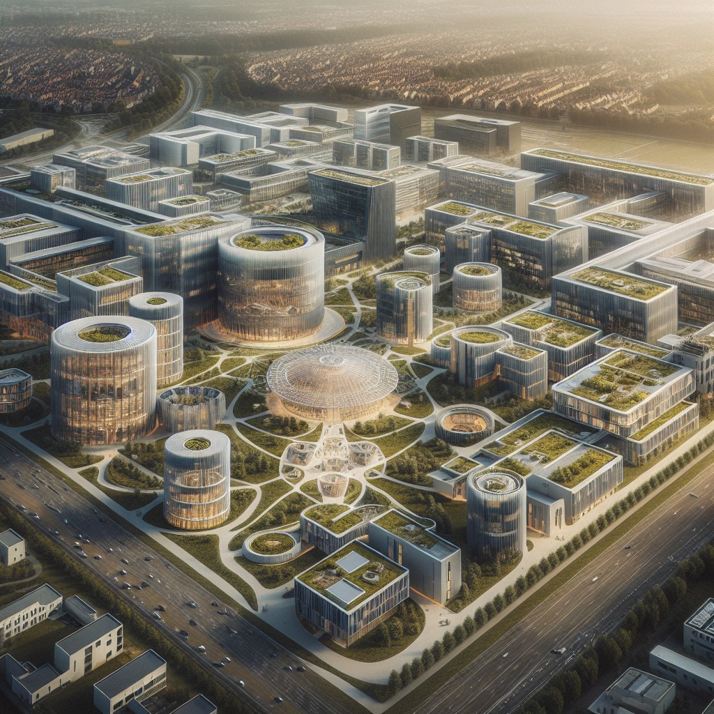 Vue aérienne du Louvain-la-Neuve Science Park avec des bâtiments modernes symbolisant l'innovation en Wallonie