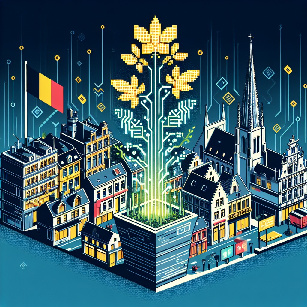 Couverture illustrant la transformation numérique en Wallonie, avec un symbole de croissance digitale et des entreprises locales.