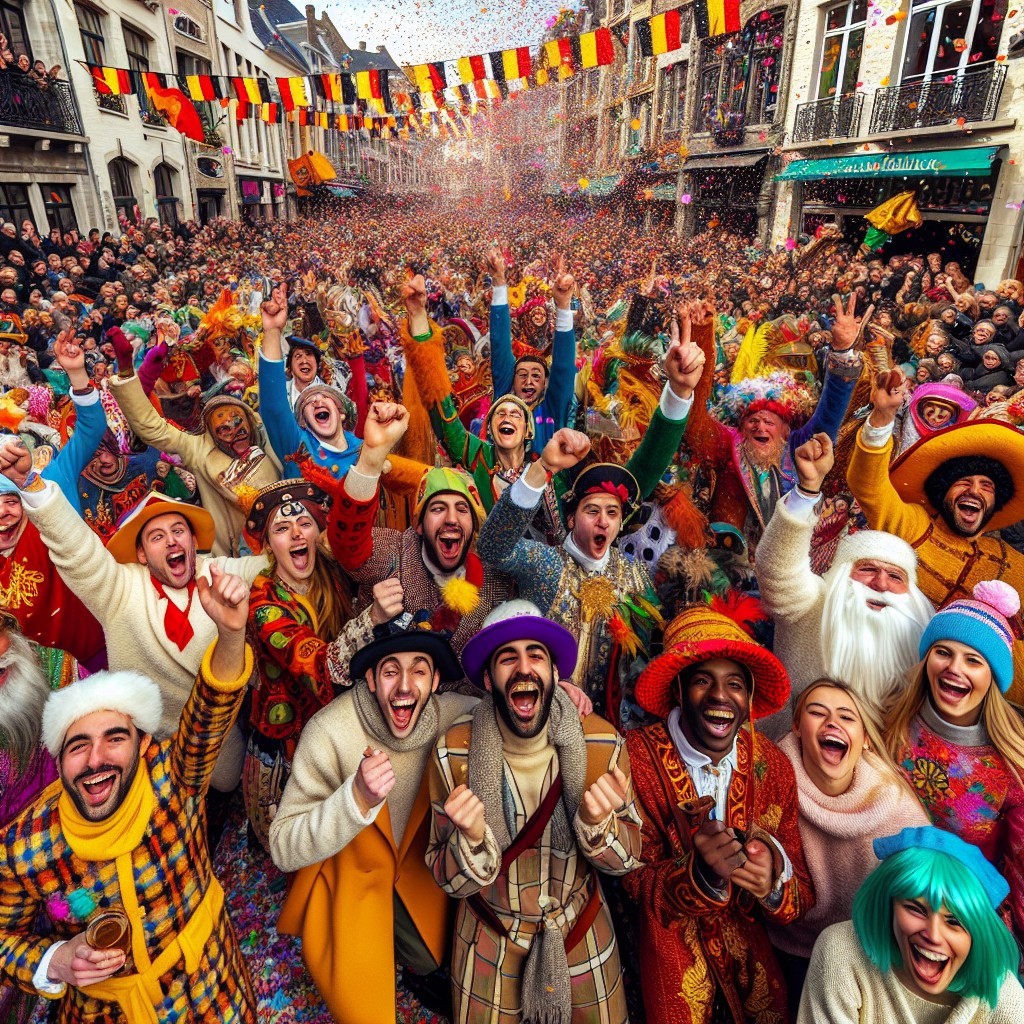 Une scène dynamique de la parade traditionnelle de la Wallonie en Fête avec des costumes colorés et une foule enthousiaste.