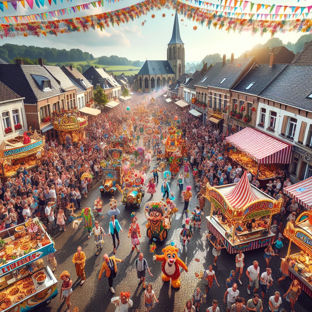 Vue panoramique de la Wallonie en Fête avec des défilés colorés et des stands gastronomiques.