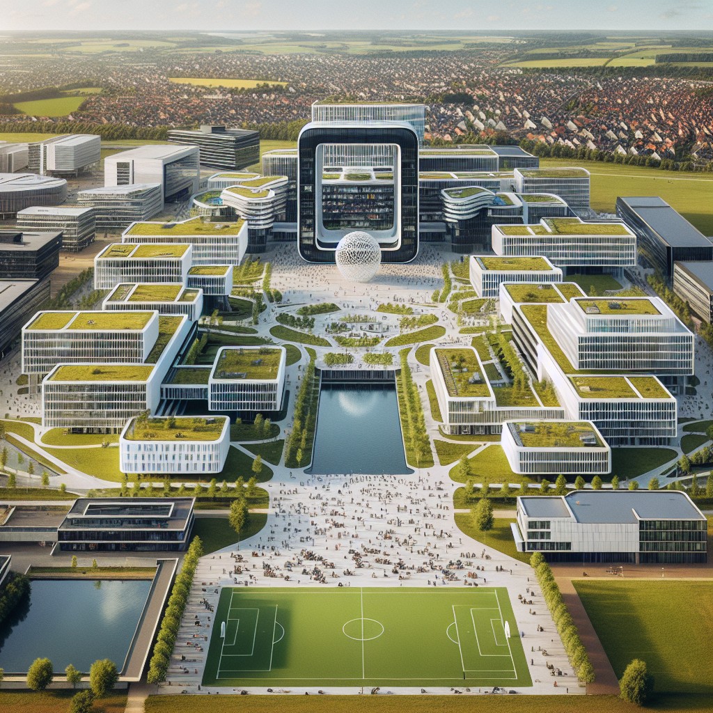 Vue aérienne d'un campus universitaire moderne en Wallonie, symbolisant l'innovation technologique.