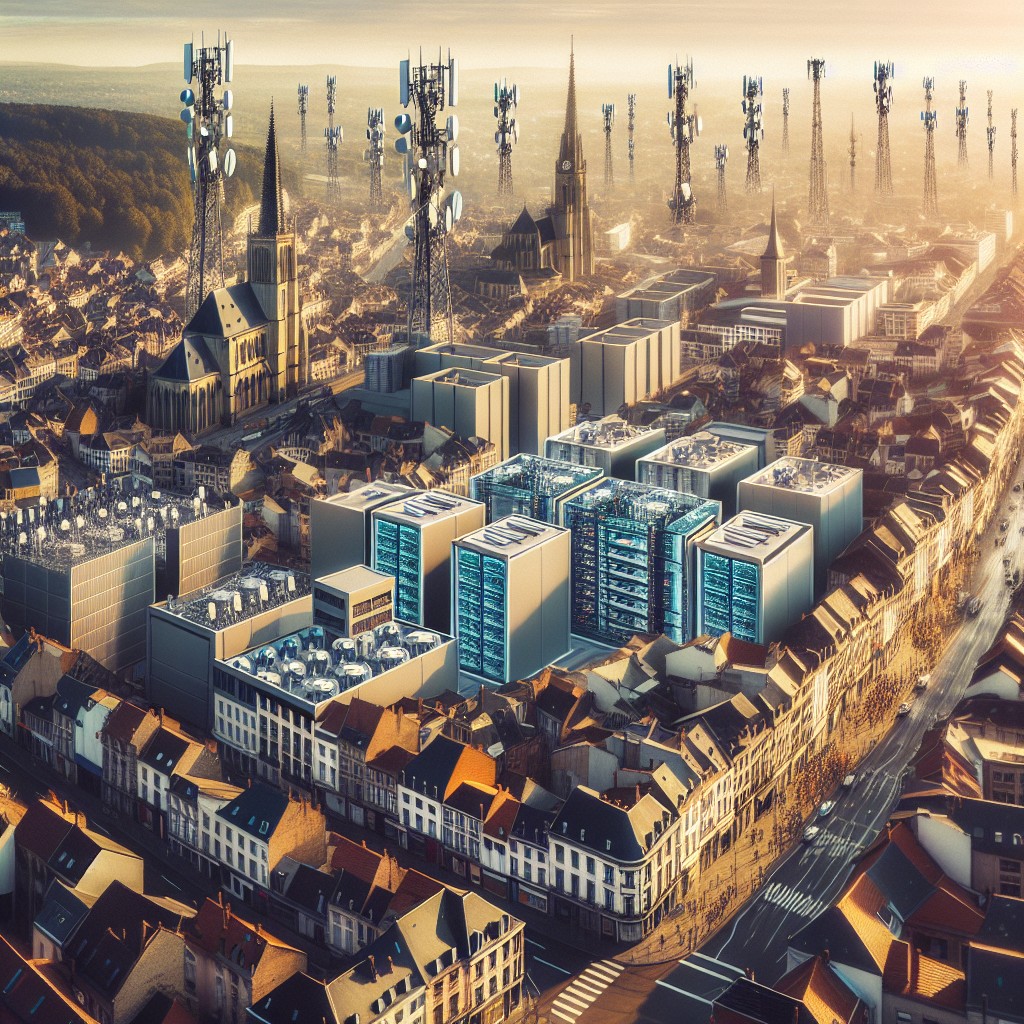 Vue aérienne d'une ville de Wallonie avec des representant des technologies numériques comme des antennes 5G et des centres de données