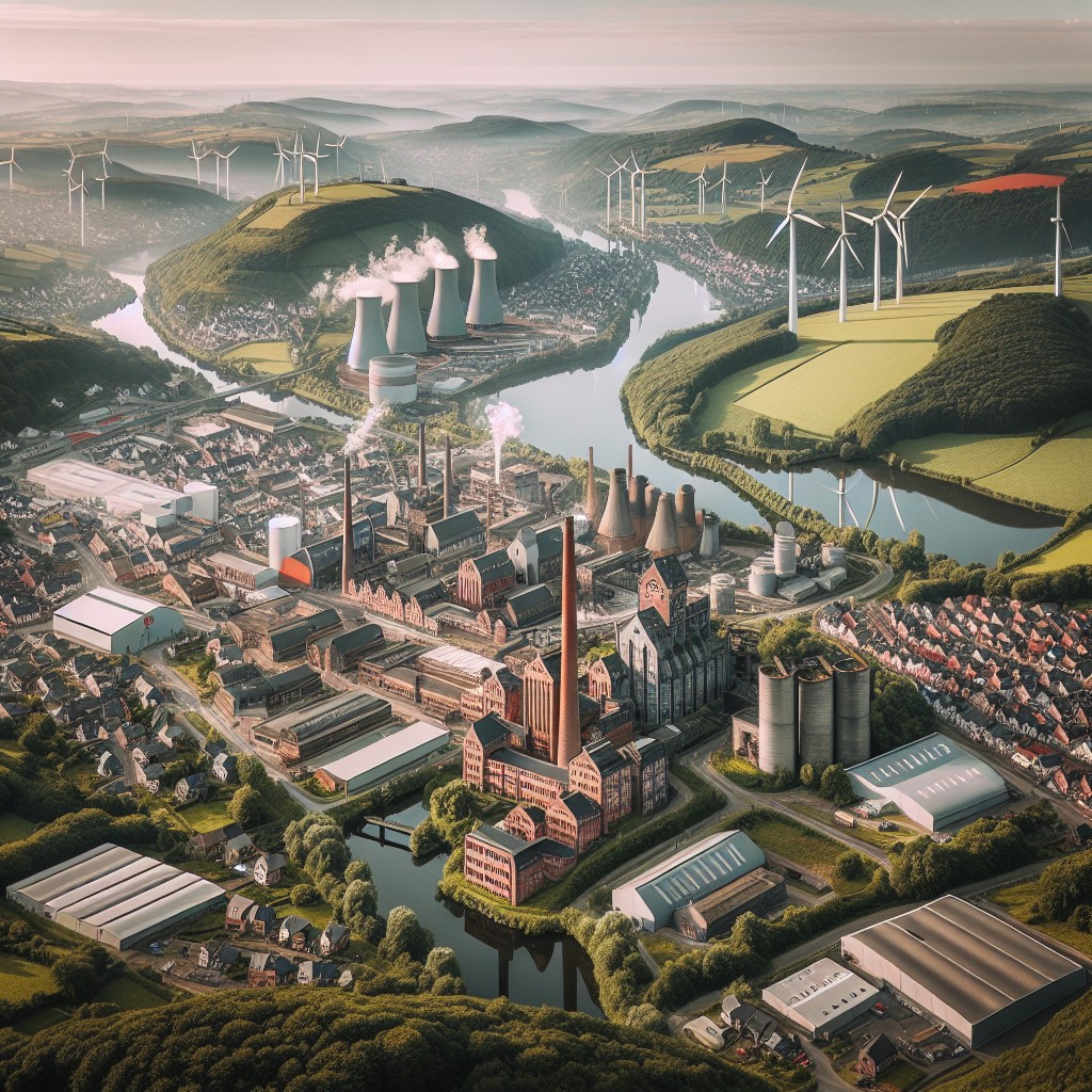 Image aérienne de la Wallonie illustrant le mélange d'industrie traditionnelle et d'innovation moderne.