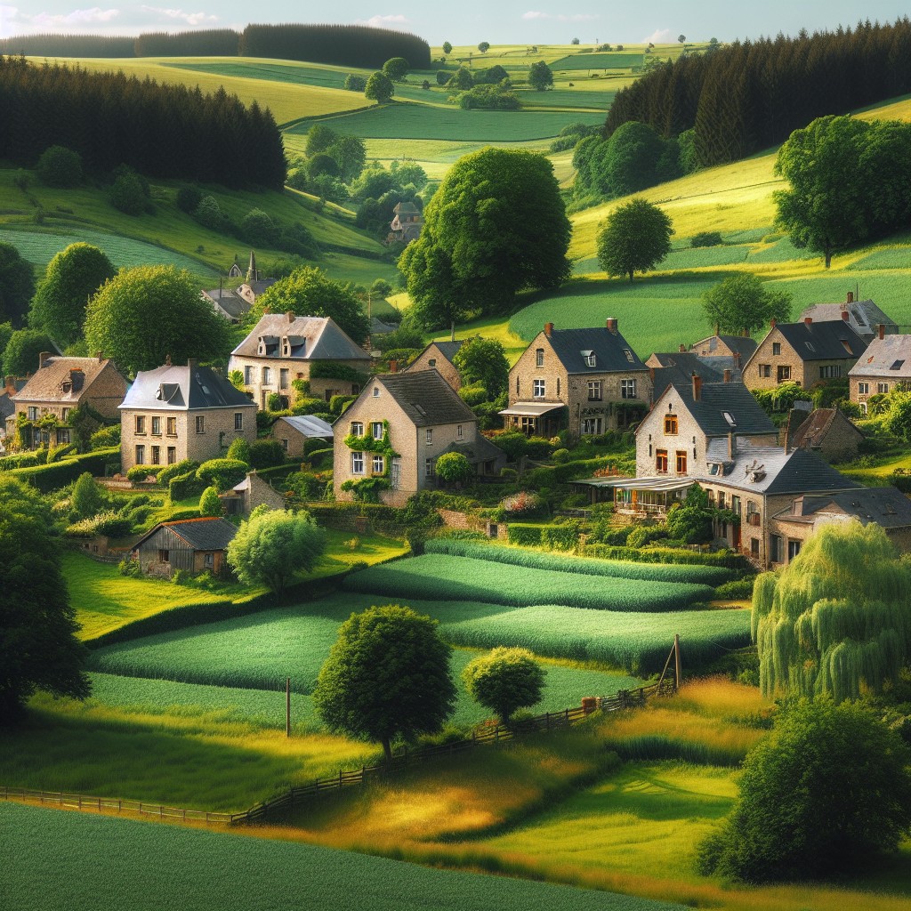 Scenic view of a charming village in rural Wallonia, Belgium, with traditional stone houses and lush green landscapes.