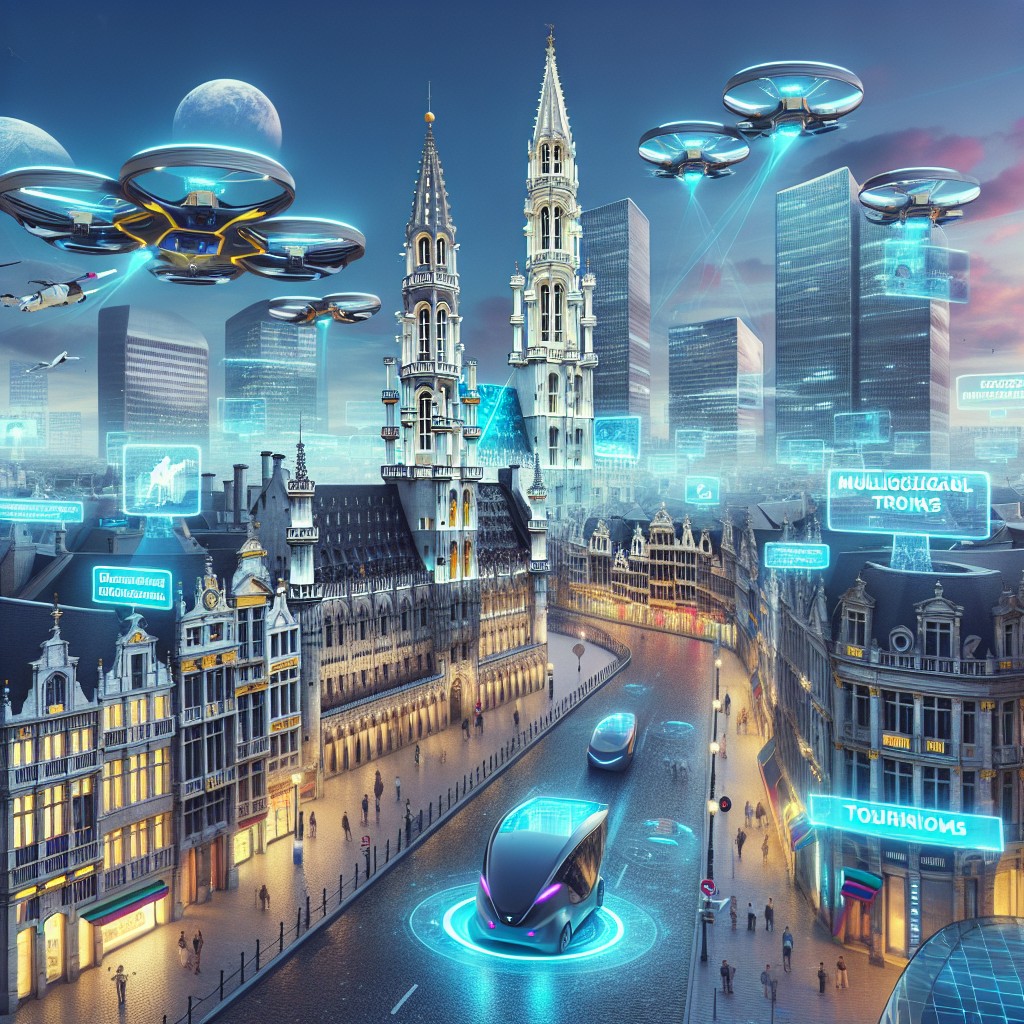 Vue virtuelle futuriste de Bruxelles mettant en avant l'innovation technologique dans le tourisme.