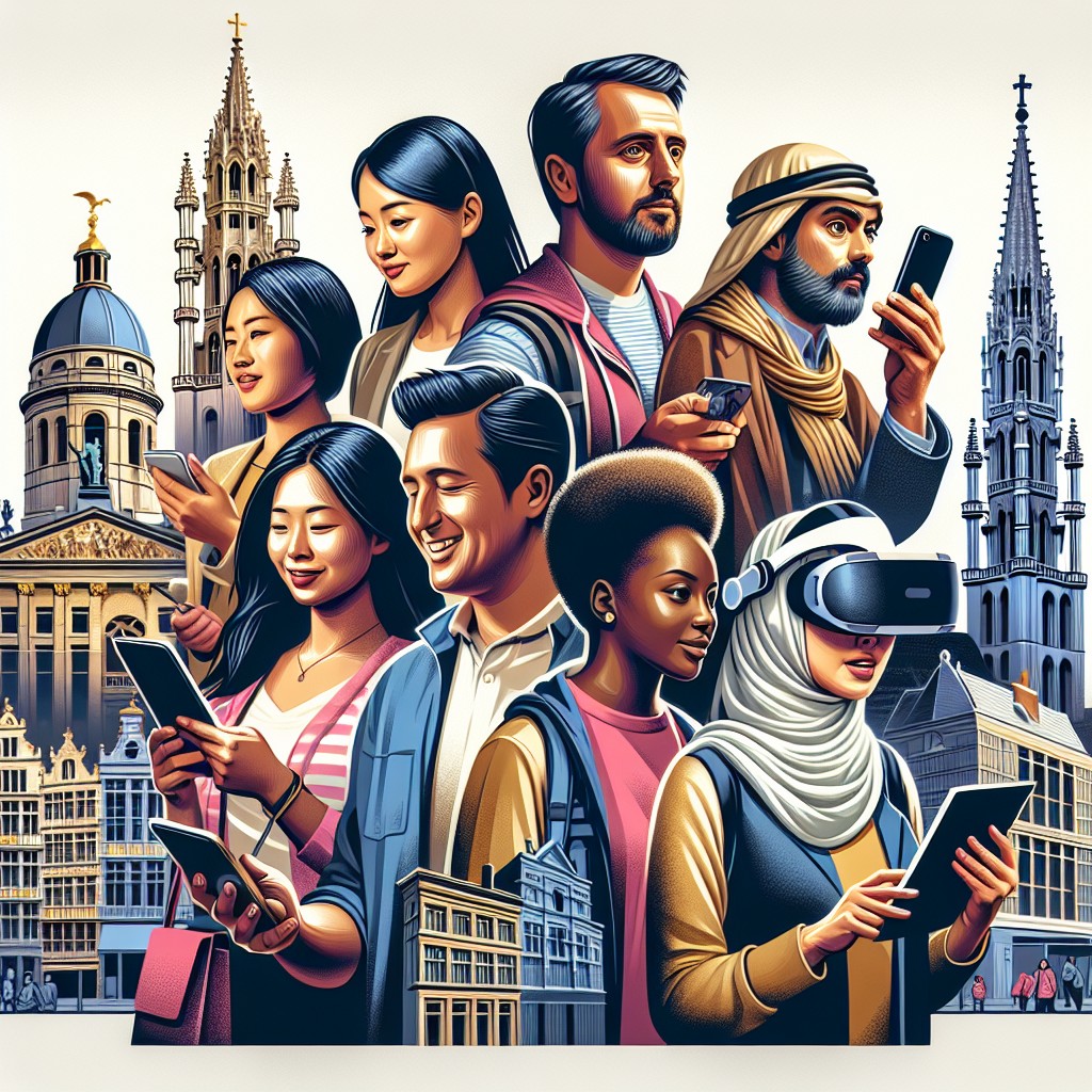 Image de couverture montrant des touristes utilisant des gadgets technologiques modernes pour explorer les attractions de Bruxelles