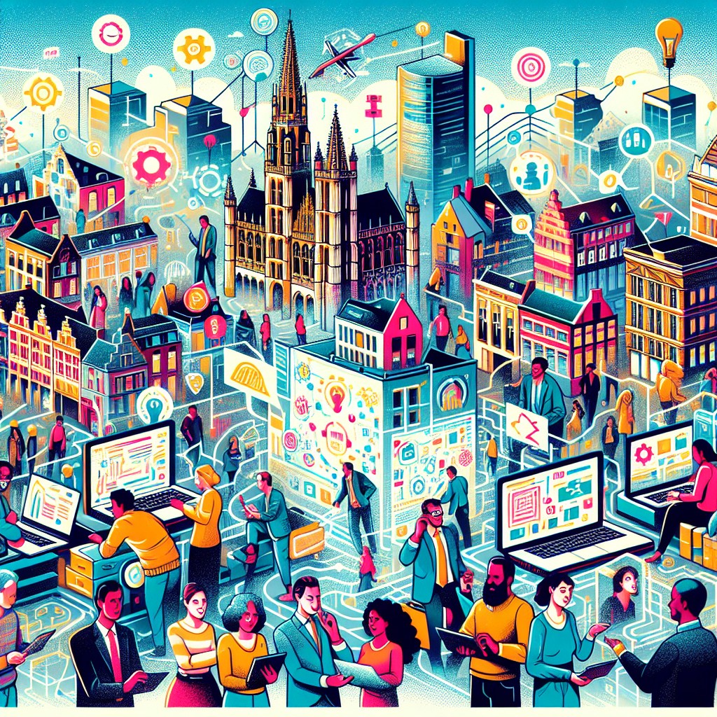 Couverture illustrant l'essor vibrant des startups technologiques belges avec des éléments d'innovation, connectivité et diversité culturelle.